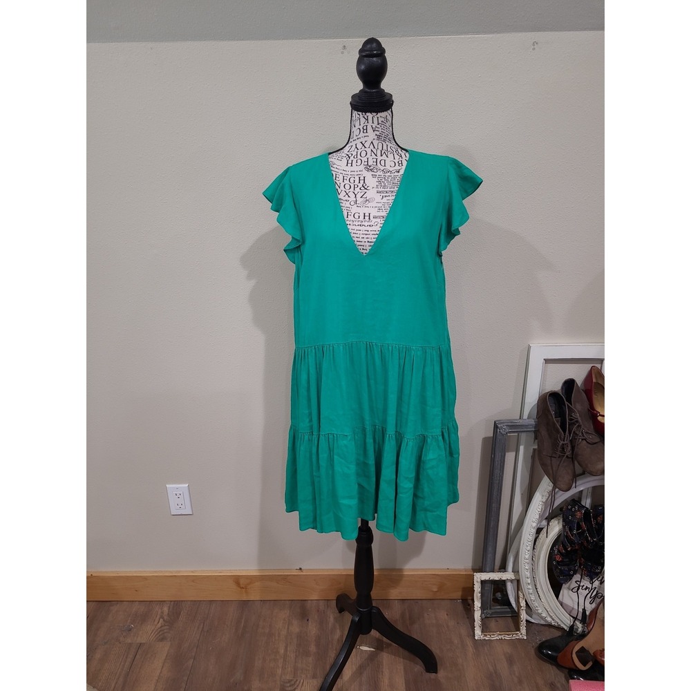 Antonio Melani linen blend women SZ XL Green tiered dress V‎ Neck Flutter sleeve